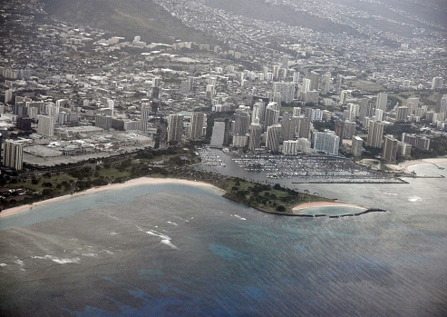 Ala Moana Beach Park and Cityscape of Honolulu on Oahu, Hawaii.
