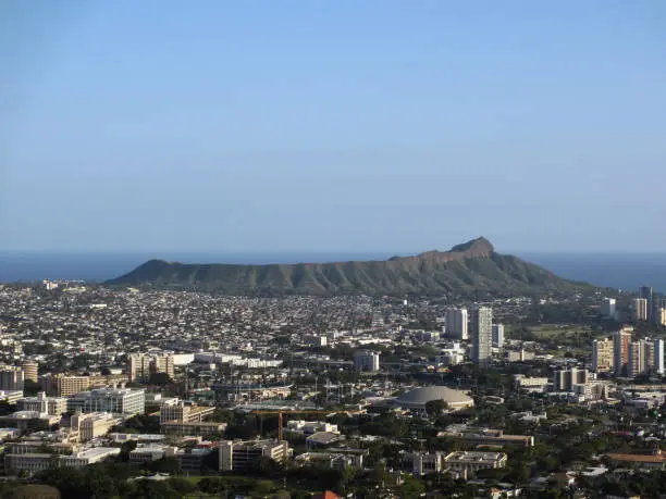 Diamondhead and the city of Honolulu of Oahu on a clear day. UH Manoa and the H-1 Visible