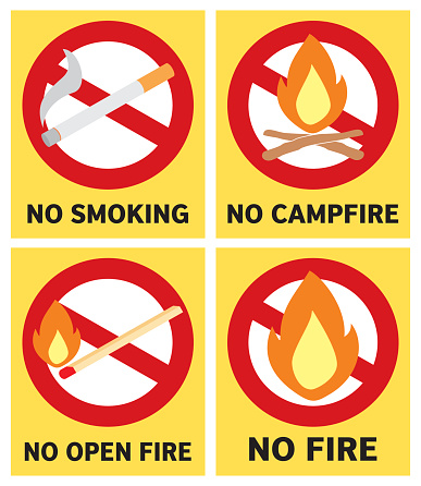 No fire signs set. Board for restricted campfire, smoking, open fire, open flame. Simple vector illustration