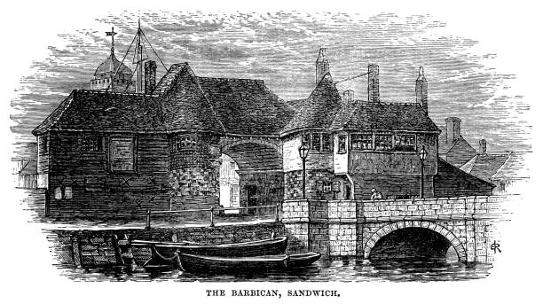 The Barbican, Sandwich, Kent (Victorian engraving) The 14th century Barbican and Toll Bridge in Sandwich, Kent, England. From “Our Own Country: Descriptive, Historical, Pictorial” published by Cassell & Co Ltd, 1885. sandwich kent stock illustrations