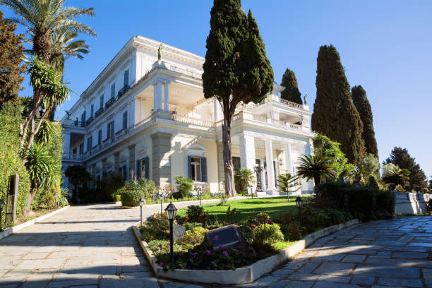 Achilleion palace in Corfu Island, Greece. CORFU, GREECE - MARCH 4, 2017: Achilleion palace in Corfu Island, Greece, built by Empress of Austria Elisabeth of Bavaria, also known as Sisi. corfu holiday palace stock pictures, royalty-free photos & images