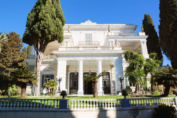 Achilleion palace in Corfu Island, Greece. CORFU, GREECE - MARCH 4, 2017: Achilleion palace in Corfu Island, Greece, built by Empress of Austria Elisabeth of Bavaria, also known as Sisi. corfu holiday palace stock pictures, royalty-free photos & images