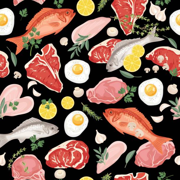 신선한 고기, 물고기 및 계란 완벽 한 패턴 - pork chop illustrations stock illustrations