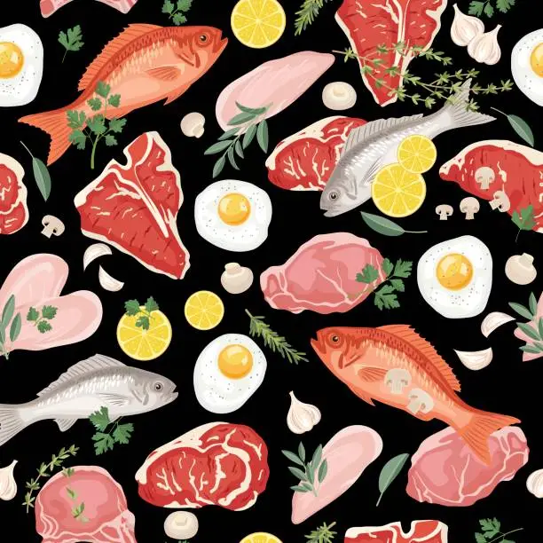 Vector illustration of Fresh Meats, Fish and Eggs Seamless Pattern