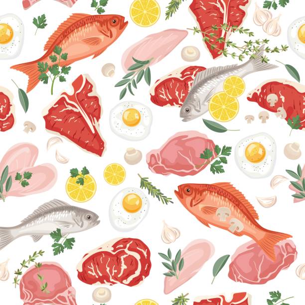ilustrações, clipart, desenhos animados e ícones de fresco, carnes, peixes e ovos um padrão sem emenda - pork chop illustrations