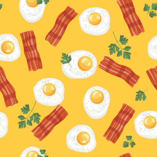 Fresh Breakfast And Eggs Seamless Pattern Fresh Breakfast And Eggs Seamless Pattern. Arranged in a scattered style. breakfast background stock illustrations