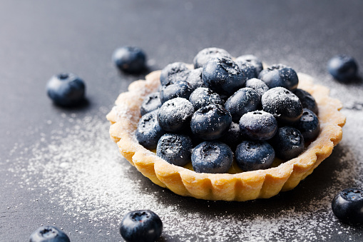 Blueberry tartlet, pie, tart with vanilla custard. Slate stone background. Copy space