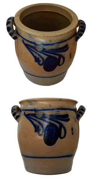 Clay jug, old ceramic vase, with blue handmade paintings