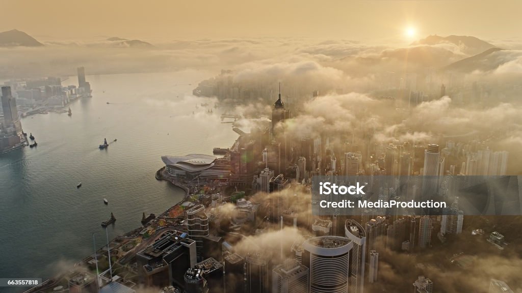 Hong Kong from air at sun rise City Stock Photo