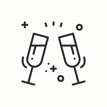 Two glasses, toast icon. Binge, drink, champagne, wine.Party celebration, birthday, holidays, event, carnival festive Thin line party element icon Vector simple linear design Illustration Symbols