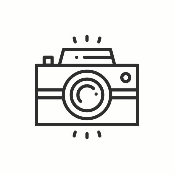 ilustrações de stock, clip art, desenhos animados e ícones de camera line outline icon. photo camera, photo gadget, instant photo. snapshot photography sign. vector simple linear design. illustration. flat symbols. thin element - interface icons flash