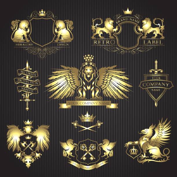 коллекция золотого крылатого льва и щита - heraldic griffin sword crown stock illustrations
