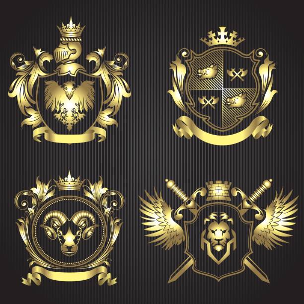 illustrazioni stock, clip art, cartoni animati e icone di tendenza di set di striscioni scudo araldico dorato - lion coat of arms shield backgrounds