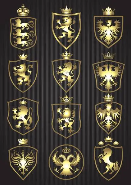 Vector illustration of Set of golden shield heraldry