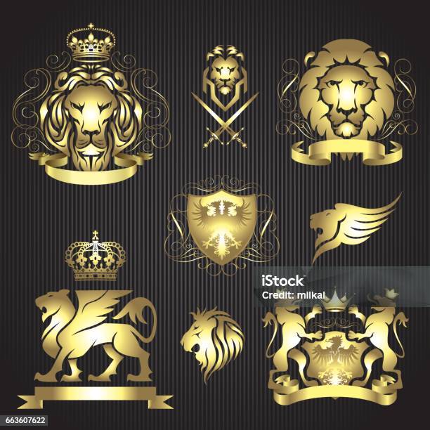 Set Og Gold Lion Heraldry Stock Illustration - Download Image Now - Abstract, Animal, Animal Body Part