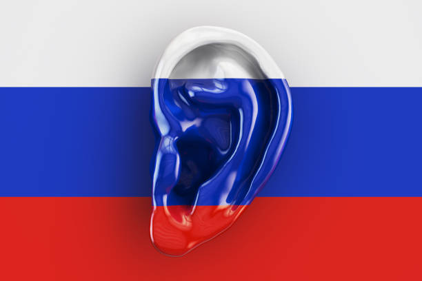 istock Russian intelligence concept, ear on the flag of Russia. 3D rendering 663607724