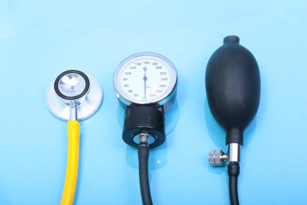 istock Stethoscope and medical equipmenton on blue background 663634102