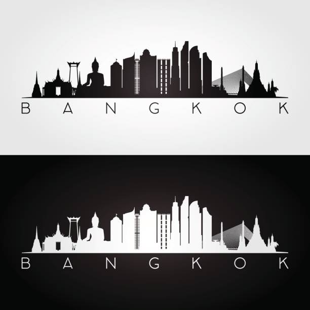 ilustrações de stock, clip art, desenhos animados e ícones de bangkok skyline and landmarks silhouette, black and white design, vector illustration. - thailand thai culture travel buddha