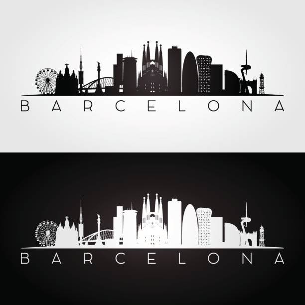 ilustraciones, imágenes clip art, dibujos animados e iconos de stock de silueta de horizonte y puntos de interés de barcelona, - skyline barcelona