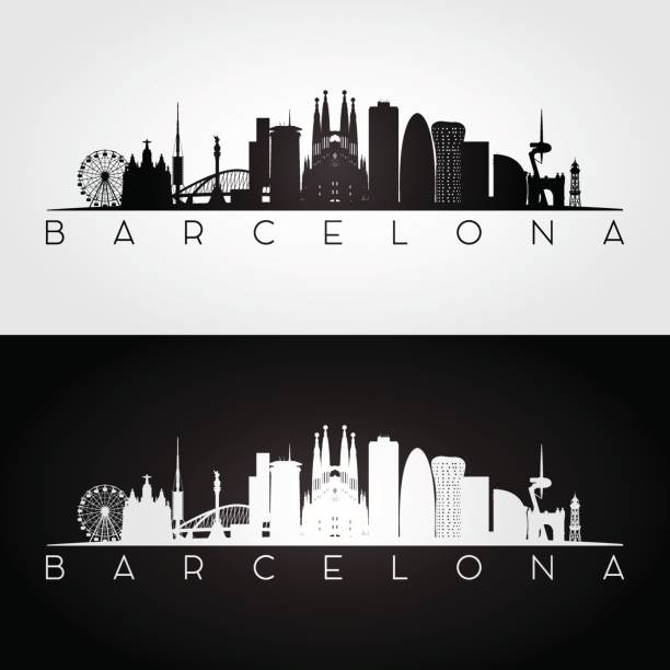stockillustraties, clipart, cartoons en iconen met barcelona skyline en bezienswaardigheden silhouet, - barcelona