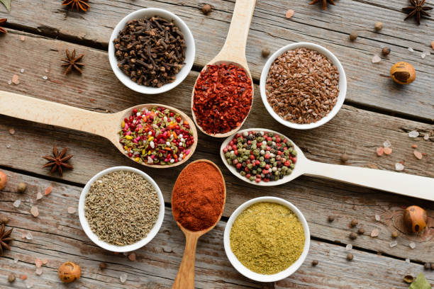 istock Various spices on wooden spoons 663639808