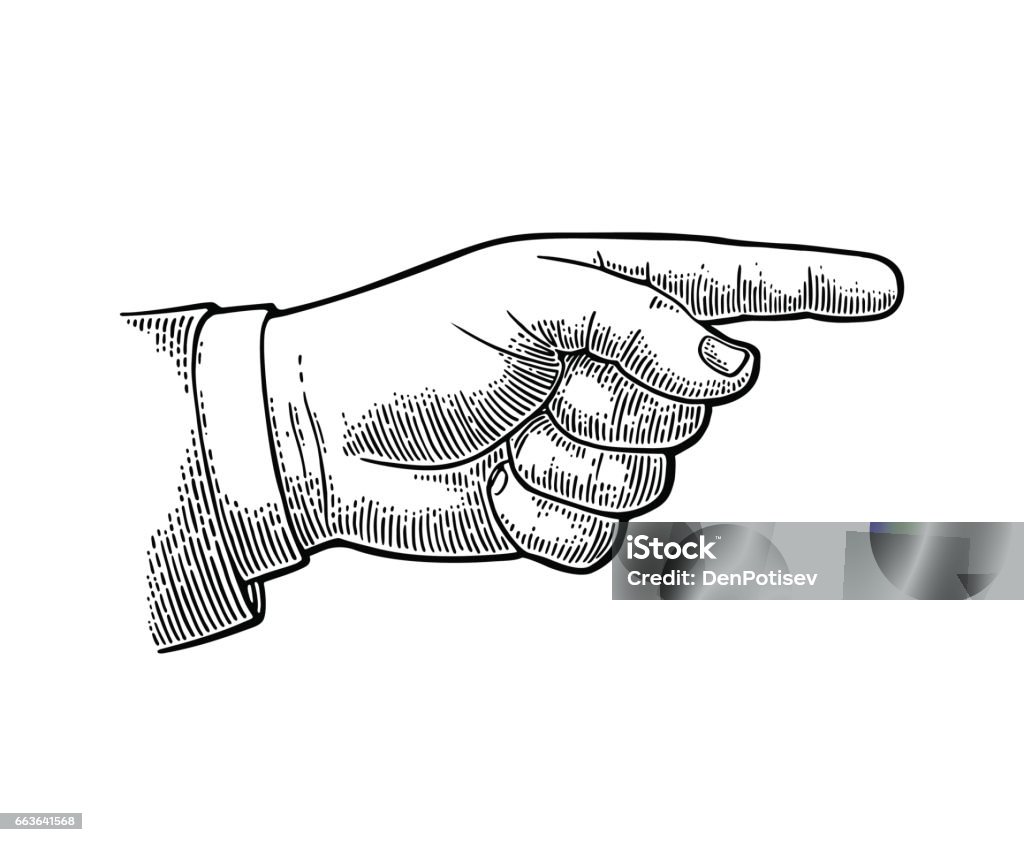 Pointing finger. Hand sign for web, poster, info graphic Pointing finger. Vector black vintage engraved illustration isolated on a white background. Hand sign for web, poster, info graphic Pointing stock vector