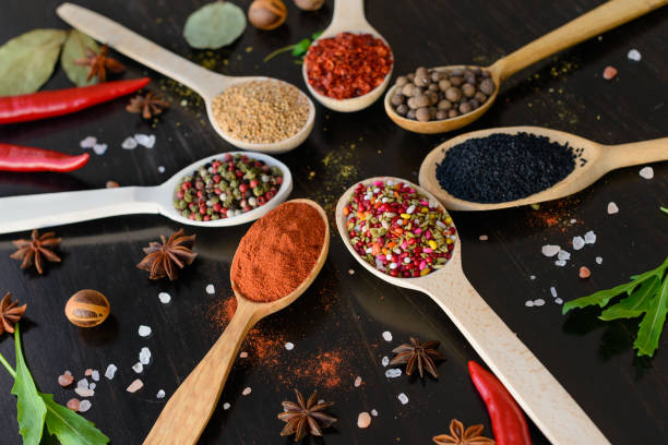 istock Various spices on wooden spoons 663641860