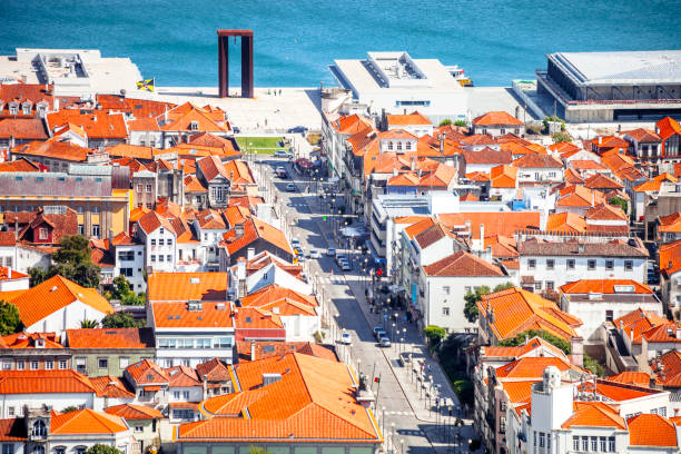 Viana do Castelo, Portugal - June 17, 2011: Aerial view to the city centre in riverbank.