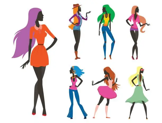 Vector illustration of Fashion look girl silhouette beautiful girl woman female and pretty, young, model, style, hair, lady character glamour cute vector illustration