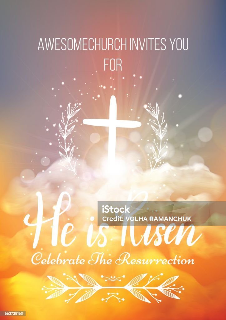 He is risen, vector Easter religious poster template He is risen, vector Easter religious poster template with transparency and gradient mesh. Church invitation flyer, vector illustration. Church stock vector