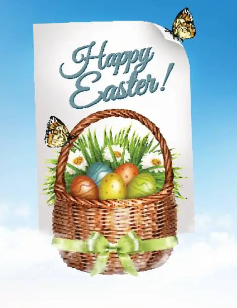 Vector illustration of Spring Easter background. Easter eggs in basket with flowers. Vector.