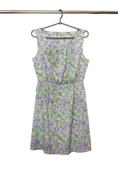 istock Summer dress with a butterfly pattern hanging on a hanger, isolated 663781698