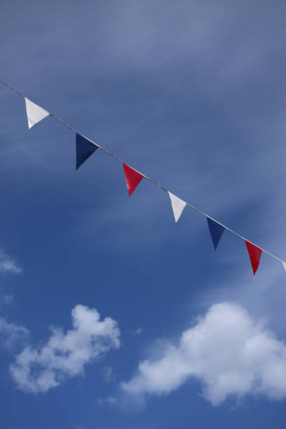 Bunting flies against blue summer sky stock photo