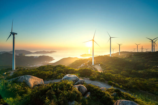 Wind power Wind power in the high mountains windmill sunset stock pictures, royalty-free photos & images