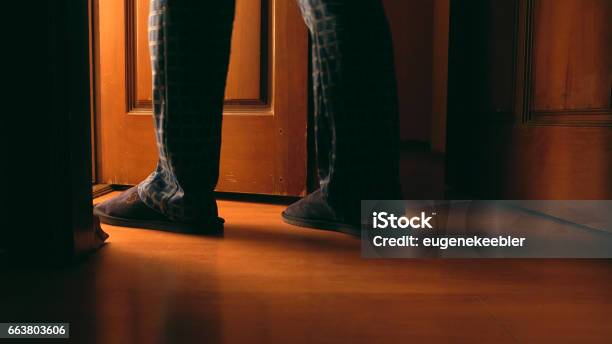 Erwachsener Mann Geht Nach Einem Bad In Der Nacht Stockfoto und mehr Bilder von Nacht - Nacht, Bathroom, Toilette