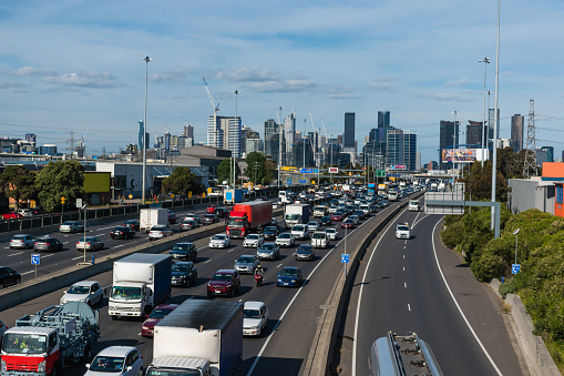 Outbound traffic backing up on Melbourne's west gate freeway at peak hour