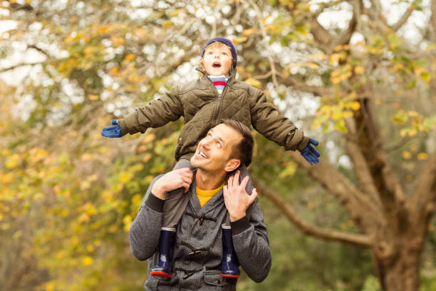 istock Young dad lifting his little son in park 663823536