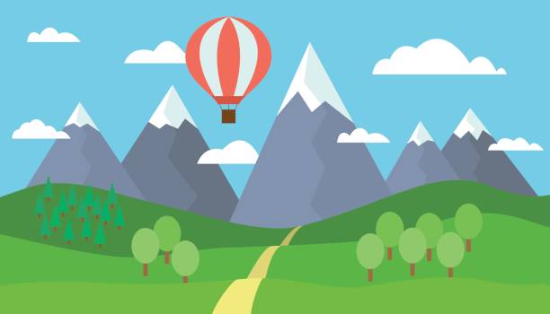ilustrações de stock, clip art, desenhos animados e ícones de cartoon view on the way to mountain landscape with a red hot air balloon flying in the hills with trees and snow on the peaks under a blue sky with clouds - vector - air nature high up pattern