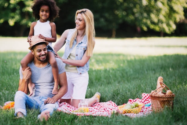 istock Family having fun and smiling while  picnicing in nature 663828346