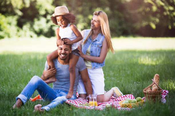 istock Family having fun and smiling while  picnicing in nature 663828350