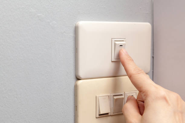 istock Finger is turning on or off with copy space. 663830724
