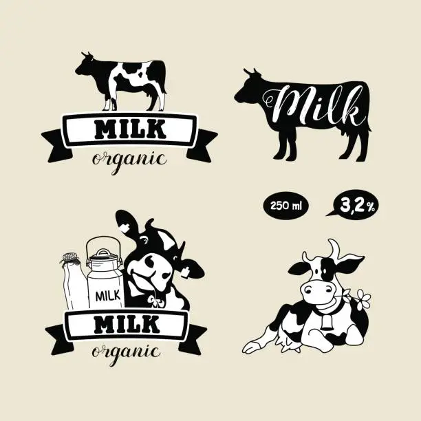 Vector illustration of Set of vector emblems. Cow and milk.