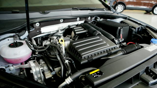 engine compartment of car, closeup detailed view of car engine, open hood, overview of car engine