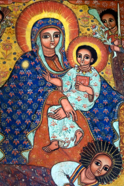Painting in a Lalibela Church. LALIBELA, ETHIOPIA - CIRCA AUGUST 2007 - The paintings of Lalibela are now coverd and protected by UNESCO. This protection will ensure the paintings will stay safe for generations to come. the church of saint george lalibela ethiopia stock illustrations