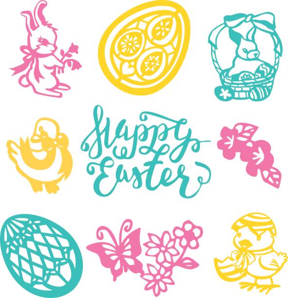 Vintage Easter Paper Cut Filligree Set A vector illustration of 9 assorted easter theme vintage paper cut designs like happy easter phrase, easter eggs, easter animals, flowers and other spring theme filigree. filligree stock illustrations