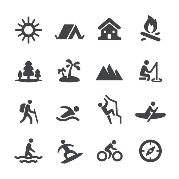 illustrazioni stock, clip art, cartoni animati e icone di tendenza di icone ricreative estive - serie acme - camping picnic mountain vector