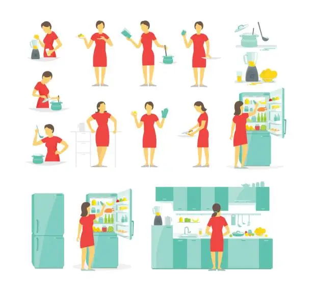 Vector illustration of A woman in the kitchen set of different poses. Preparation food by prescription. Dishes and tableware. Fridge blender and saucepan