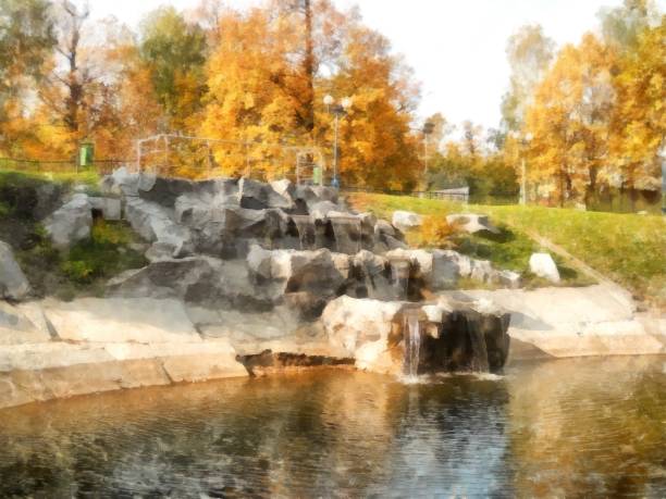Bright yellow autumn park with waterfall. Reflected  trees and blue sky in pond. Watercolor