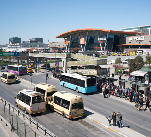 Istanbul,Turkey-April 01,2017:Yenibosna District landscape in Istanbul. Passengers waiting for bus at Yenibosna District