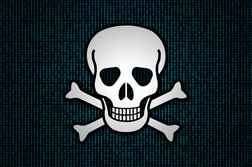 White skull and bones on a blue binary codes background.